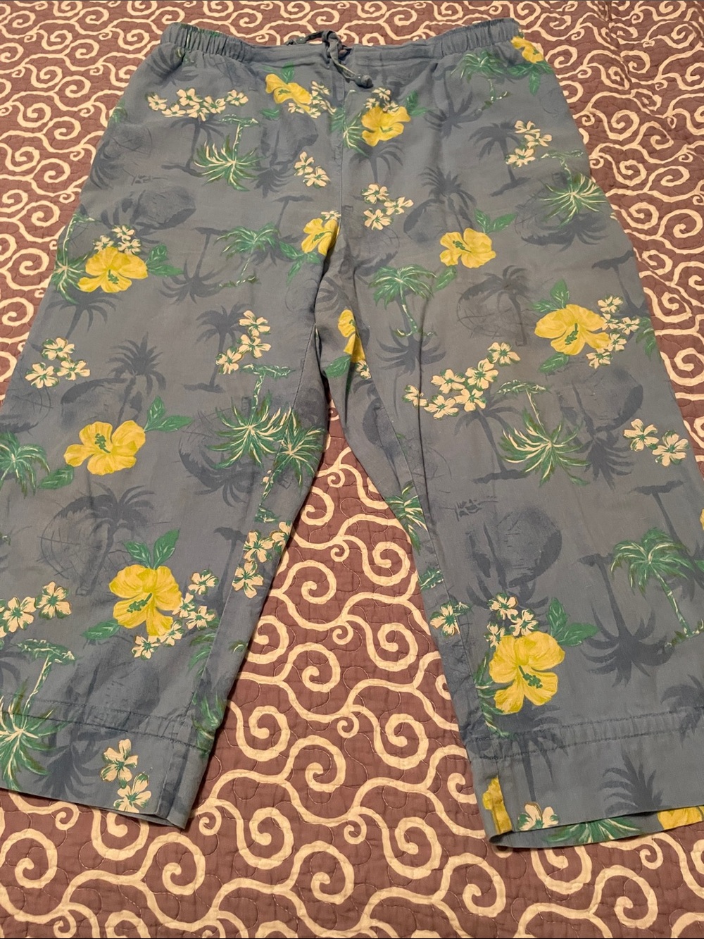 Women"s Floral Tropical Bottoms in Blue with Yellow Hibiscus